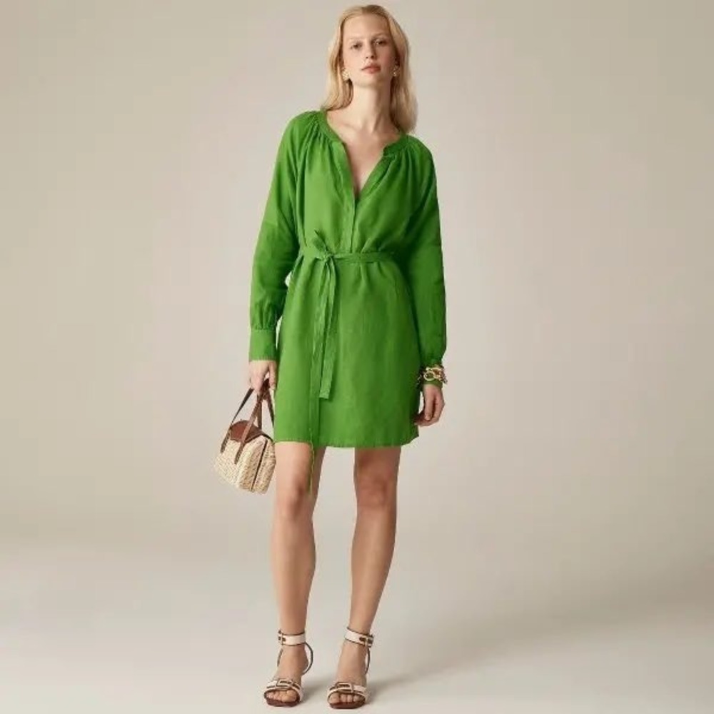 J.Crew Cabana Linen Mini Dress Green Belted Size S Tall
